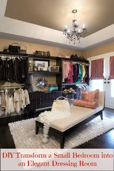 a bedroom with a bed, closet and chandelier hanging from it's ceiling