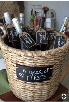 a basket filled with lots of items on top of a table