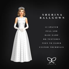 a woman in a white dress and tiara standing next to a black background with the words, sherrina ballgown