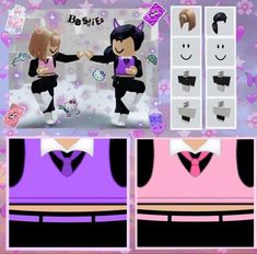 an animated image of two people dressed up in black and pink outfits, one is holding hands with the other hand