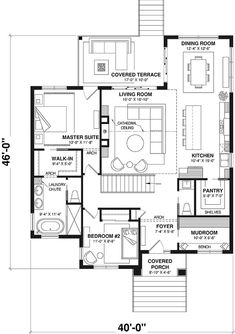 the floor plan for a two story house with an upstairs living room and kitchen area