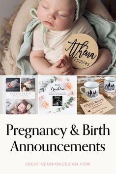 a baby sleeping on top of a blanket with the words, pregnant and birth announcements