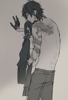 a drawing of a man with tattoos on his arm and hand in front of him