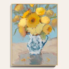 a painting of yellow flowers in a blue and white vase on a brown table top