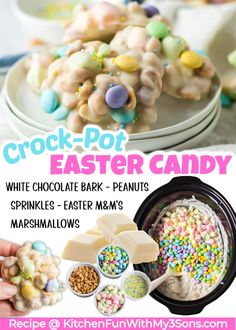 an easter candy recipe with white chocolate bark - peanuts sprinkles and m & m's marshmallows