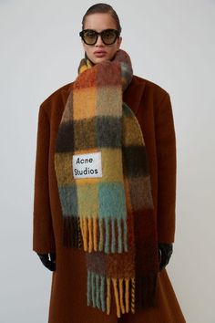 Acne Studios Multi Check Coloured Chesnut Brown Yellow Green Scarf | Warmest Scarves | Scandinavia Standard Floating Clothes, Acne Scarf, Cashmere Winter Scarf, Acne Studio, Scarf Outfit, Luxury Scarves, Checked Scarf, Cashmere Shawl, Europe Fashion