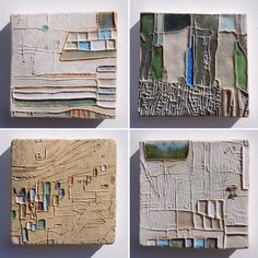 four pieces of art that are made out of clay and painted with different colors on them