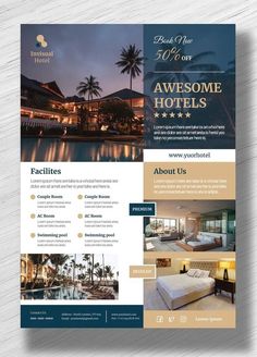 a hotel flyer with photos and text on it