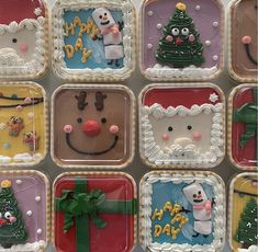 twelve decorated christmas cookies in the shape of santa's helper and snowman