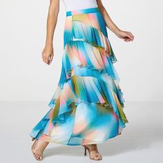 C Wonder Runway Collection Crinkled Chiffon Tiered Ruffle Maxi Skirt Discover feminine, fun, and totally fabulous (not to mention flattering) fashion with the Runway Collection from C. Wonder by Christian Siriano. This stunning crinkled chiffon skirt offers a fresh take on your personal style with tiered ruffles and a dreamy colorful print. It brings a playful exuberance to your forever wardrobe. Ruffle Maxi Skirt, Pink Daisy, Christian Siriano, Chiffon Skirt, Runway Collection, Mist, Fashion Clothes Women, Ruffles, Maxi Skirt