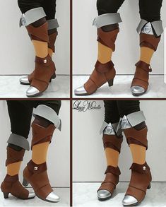 four pictures of different types of shoes with metal straps and buckles on the sides