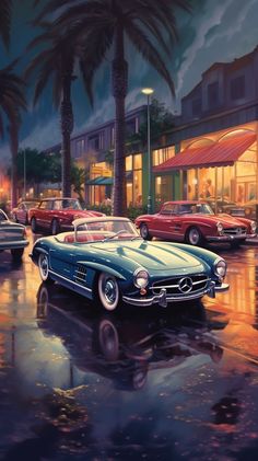 a painting of classic cars parked in front of a building on a city street at night