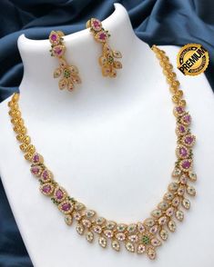 Diamond Jewelry Set, American Diamond Jewellery, Pink Ruby, South Indian Jewelry, Indian Necklace, Ruby Emerald, Leaf Jewelry, Cz Jewelry