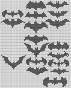 a cross stitch pattern with bats and flowers on the bottom, in grey colors to make it look like they are from batman movies