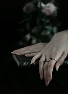 two hands resting on top of a book in the dark with flowers behind them,