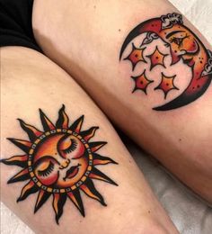 two sun and moon tattoos on both legs, one is black and the other is orange