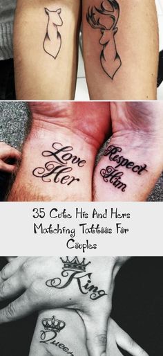 two people with matching tattoos on their legs and the words, 35 cute his and hers matching tattoos for couples