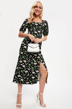 Green Large Floral Square Neck Midi Dress Square Neck Midi Dress, Dresses Green, Floral Squares, Cuff Detail, Floral Short, Dorothy Perkins, Square Neck, Green Dress, Midi Dress