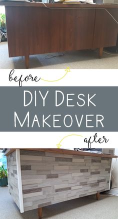 the before and after of a diy desk makeover with wood veneers