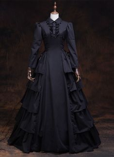 Black Gothic Victorian Steampunk Dress   Condition: Brand New  Color: amp;nbsp; As Picture  Material: Satins And Lace  Silhouette: Ball Gown  Sleeve Length: Full Sleeve  Dresses Length:Floor-Length  Neckline: Turndown-Collar  Decoration: Ruffles  Style: Vintage   Includes: Dress    amp;nbsp; Victorian Dress Costume, Black Victorian Dress, Gothic Victorian Dresses, Masquerade Ball Gowns, Tudor Dress, Full Sleeves Dress, Long Sleeve Ball Gowns, Black Ball Gown, Steampunk Dress