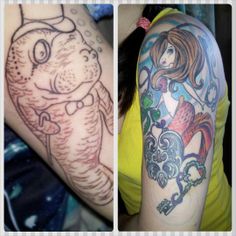 two different tattoos on the arms of women, one with an image of a mermaid and another with a cat