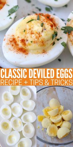 deviled eggs on plate, hard boiled egg whites on plate and yellow hard boiled egg yolks in glass bowl The Best Deviled Eggs, Cheesy Green Bean Casserole, Classic Deviled Eggs, Perfect Boiled Egg