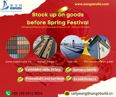 an advertisement for the stock up on goods before spring festival, with images of buildings and people