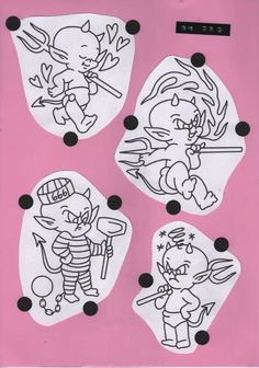 some stickers on a pink paper with black and white images in it, including an image of two people