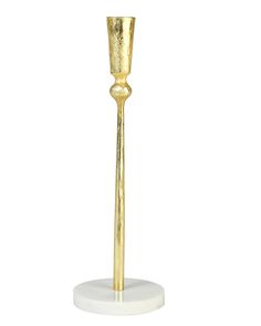 a gold colored candle holder on a white base