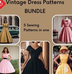 the vintage dress patterns bundle includes 5 sewing patterns in one, including dresses and hats