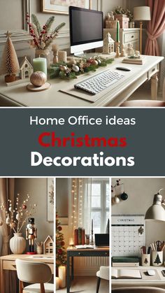 christmas decorations are displayed on the desk in this home office decorating guide, which is also available for purchase