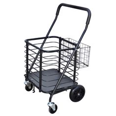 a black shopping cart with wheels and basket