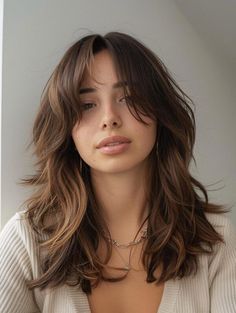 Wolfcut Hair With Curtain Bangs, Middle Hair With Bangs, Hair Cuts With Curtain Bangs Wavy, Hair Cut With Curtain Bangs For Girl, Long Layered Shag Haircut Curtain Bangs, Layered Hair With Short Curtain Bangs, Over Shoulder Haircut, Cut With Bangs, Curtain Band Medium Hair