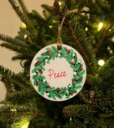 a christmas ornament hanging from the top of a tree