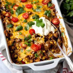 a casserole dish filled with meat, cheese and tomatoes topped with sour cream