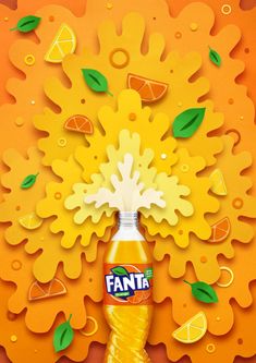 a bottle of fanta orange juice on an orange background with green leaves and flowers