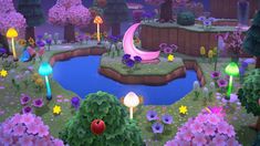 an animated garden with flowers and plants in the foreground, surrounded by bright lights