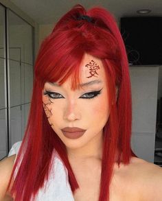 Ninja Makeup, Red Hair Cosplay, Red Hair Halloween, Red Hair Costume, Gaara Cosplay, Red Hair Halloween Costumes, Red Hair Makeup, Khol Eyeliner, Anime Eye Makeup