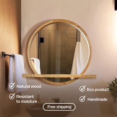 a bathroom mirror with the words natural wood and restant to moisture free shipping on it