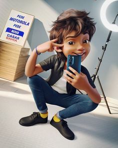 a cartoon boy sitting on the floor holding a cell phone in front of his face