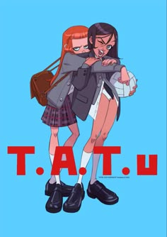 two girls hugging each other with the word t a t u in front of them