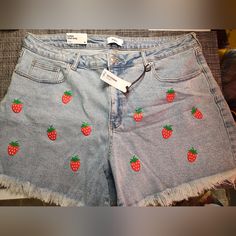 Nwt Boyfriend Shorts With Cute Little Strawberries On The Front. Size 18 Overall Length Is 15 Inches Inseam Is 4-5 Inches. Casual Cotton Bottoms With Strawberry Print, Spring Cotton Bottoms With Strawberry Print, Casual Strawberry Print Bottoms, Cute Strawberry Print Bottoms For Spring, Cute Short Summer Jeans, Cute Summer Jean Shorts, Black Sleepwear, Gothic Shorts, Roblox Clothes