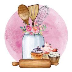 cupcakes and utensils in a jar with pink background