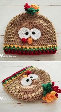 crocheted turkey hat with pom pom on the top and bottom side