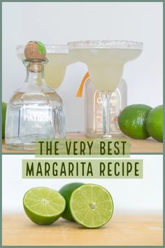 the very best margarita recipe with limes and two margarita glasses next to each other