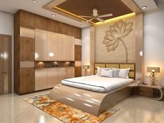 a bedroom with a large bed sitting under a ceiling fan