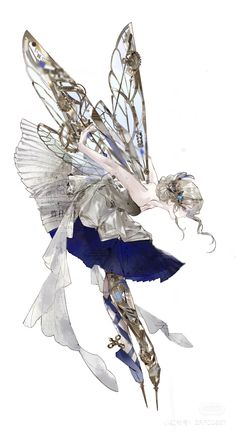 an artistic drawing of a woman with wings and body parts in blue, white and silver