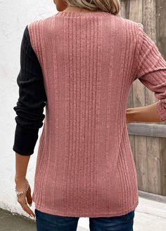 Pink Spliced Top For Fall, Pink Long Sleeve Top With Contrast Color, Black Long Sleeve Tops With Color Matching, Two Piece Set Pants, Long Sleeve Knit Top, Round Neck Sweater, Long Sleeve Tops Casual, Maxi Dress Cocktail, Maxi Dress Formal