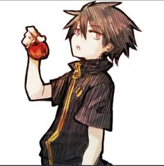 a drawing of a boy holding an apple in one hand and looking at the camera