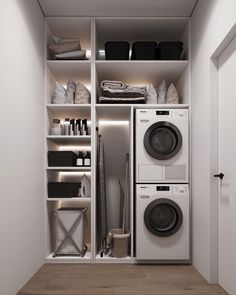 a washer and dryer are in the closet next to each other on shelves